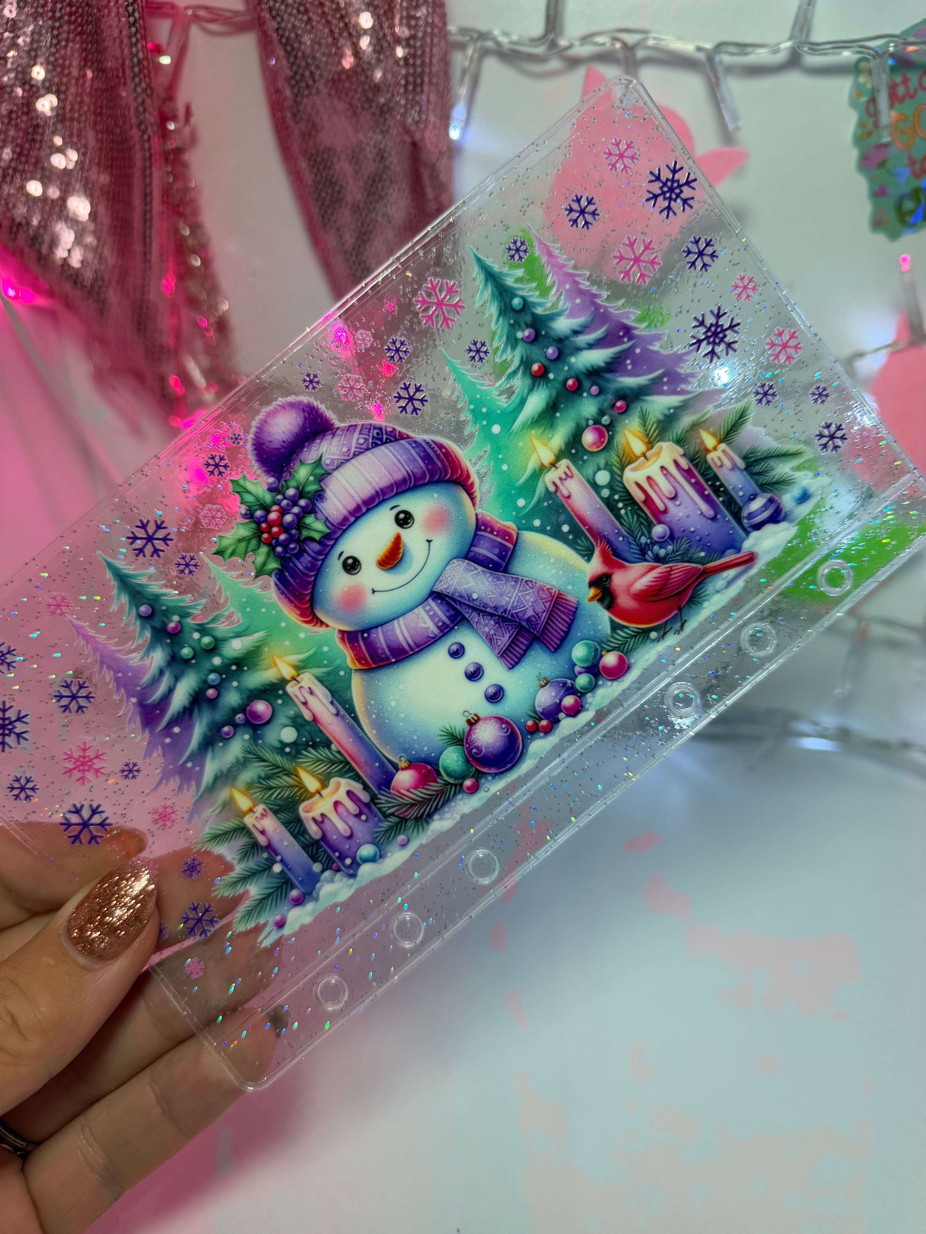 uvdtf zipless glitter envelope: purple snowman