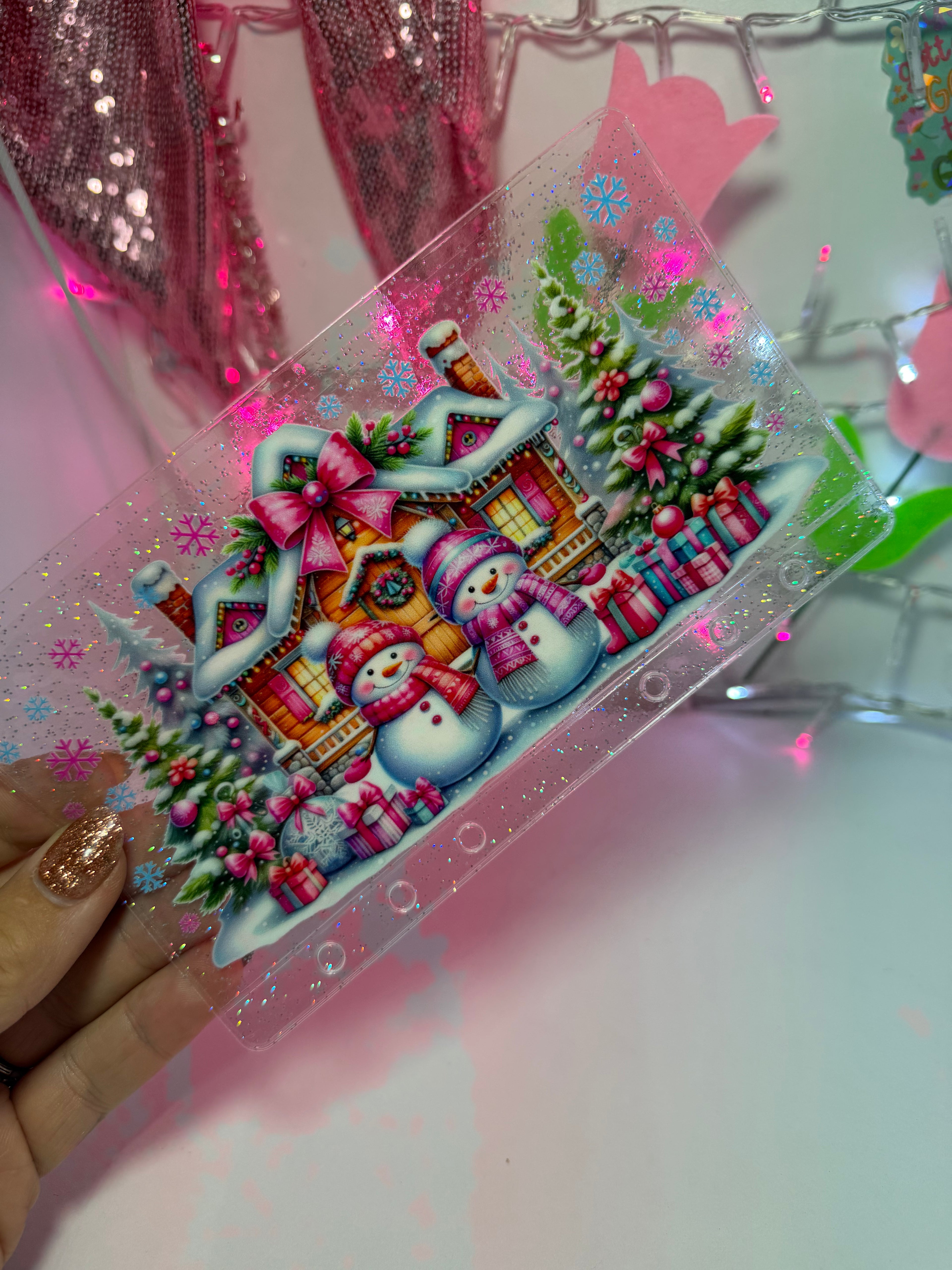 uvdtf zipless glitter envelope: pink snowman
