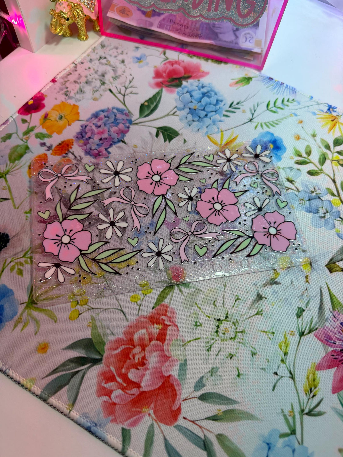Green & Pink Floral – A6 Glitter Zipless Savings Wallet
