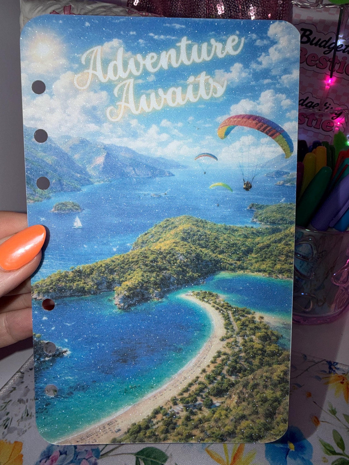 Adventure awaits – A6 Glitter Cash Stuffing Dashboard